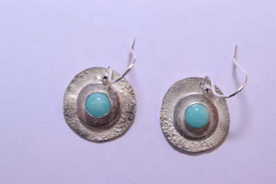 EA82. Layered reticulated silver circle earrings with Amazonite stone
