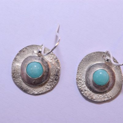 EA82. Layered reticulated silver circle earrings with Amazonite stone