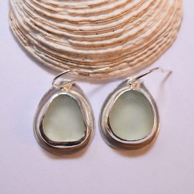 EA23. Aqua sea glass drop silver earrings