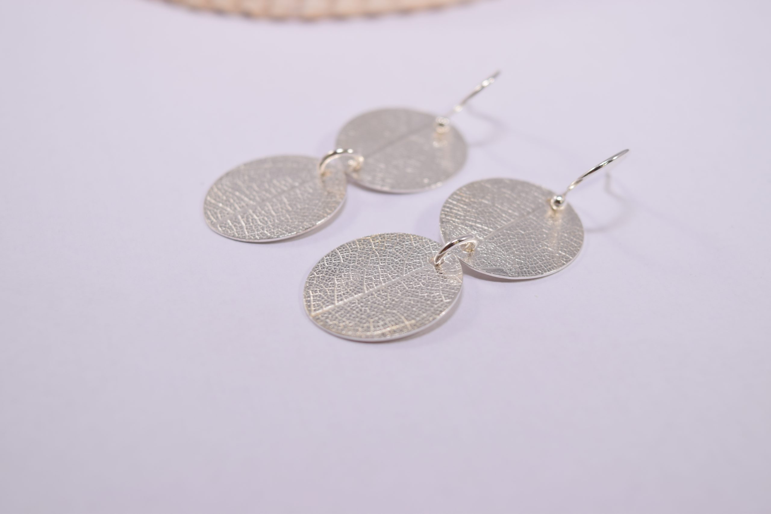 EA48. Silver Leaf print circles earrings - Image 2