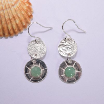 EA53. Double drop silver circles with Aventurine stone