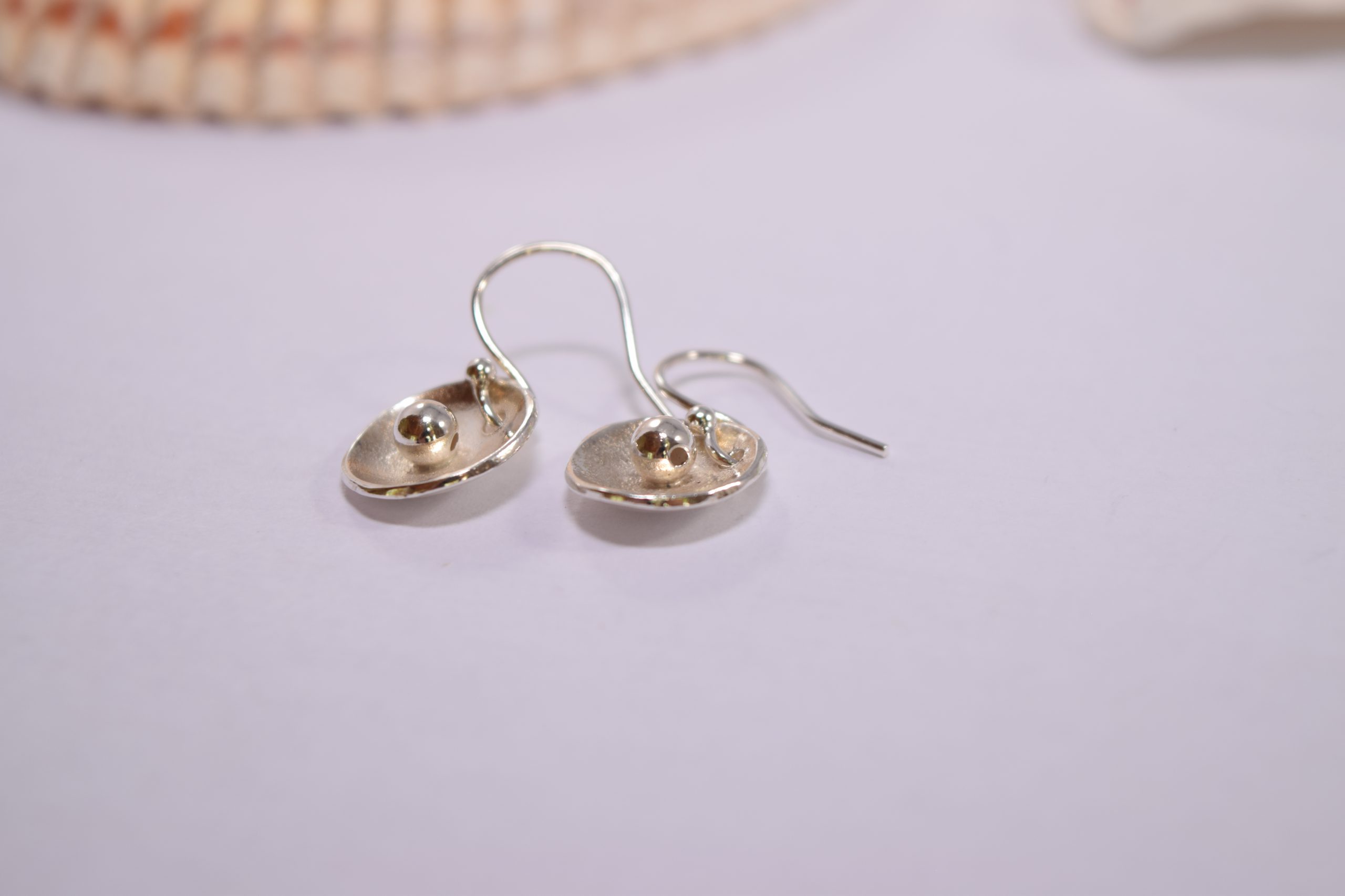 EA55. Dished circular silver earrings with silver ball - Image 2