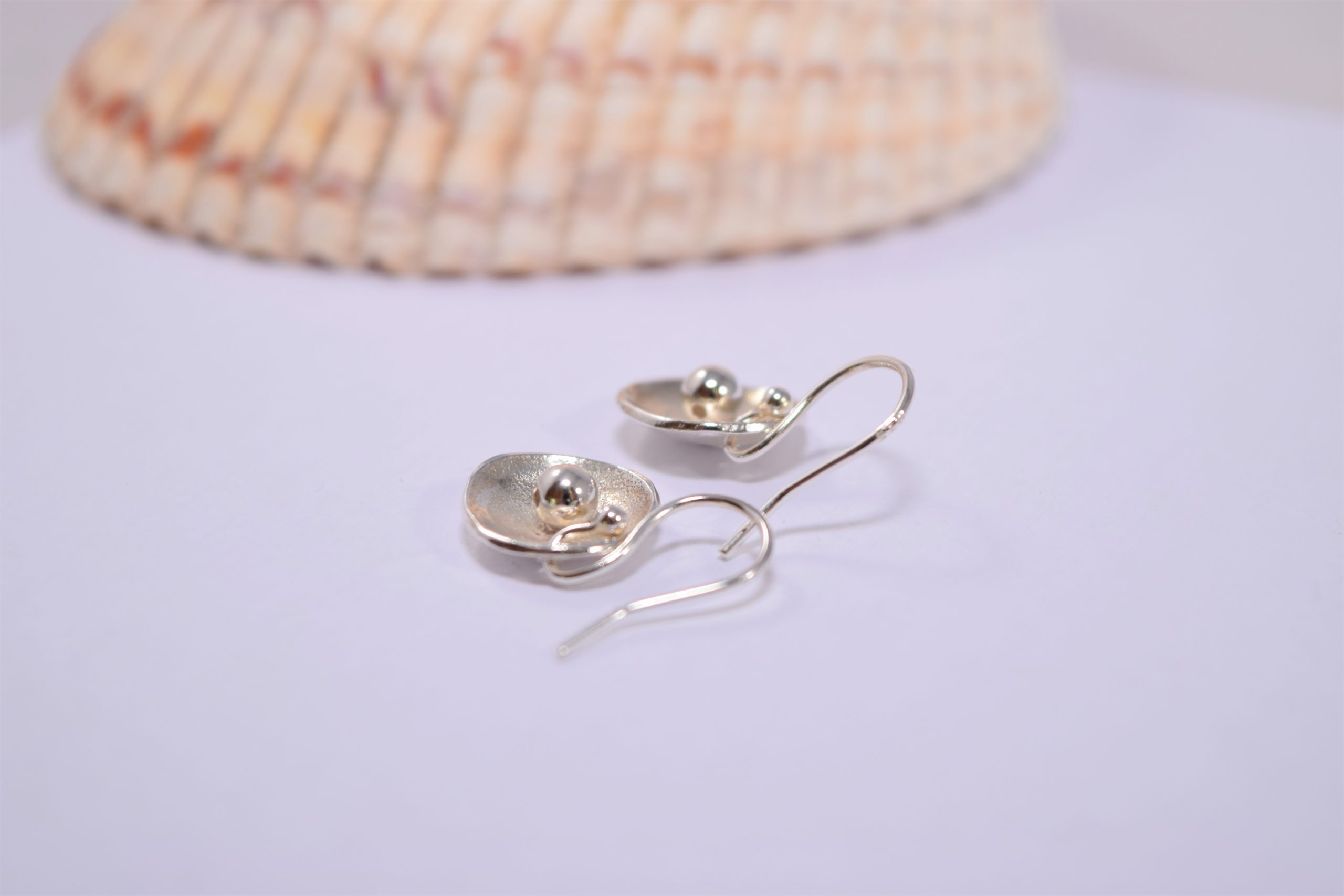 EA55. Dished circular silver earrings with silver ball - Image 3
